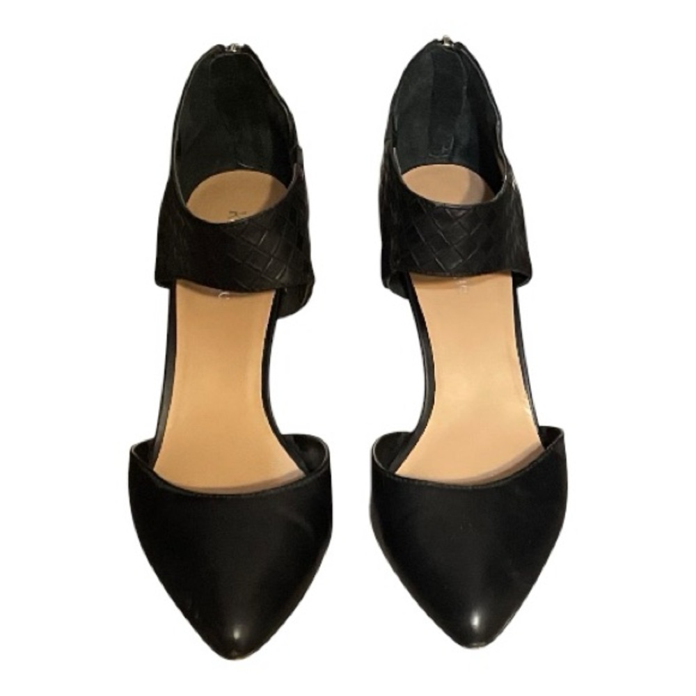 Black Pointed Toe Heels Size 10 Woven Ankle Strap Stiletto Pumps - Picture 7 of 8